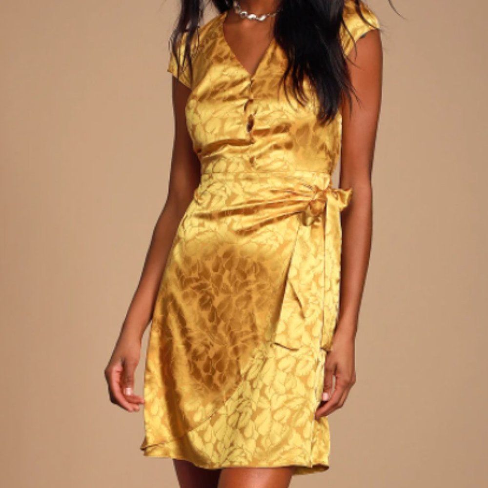 Gold Yellow Satin Faux Wrap Mini Dress